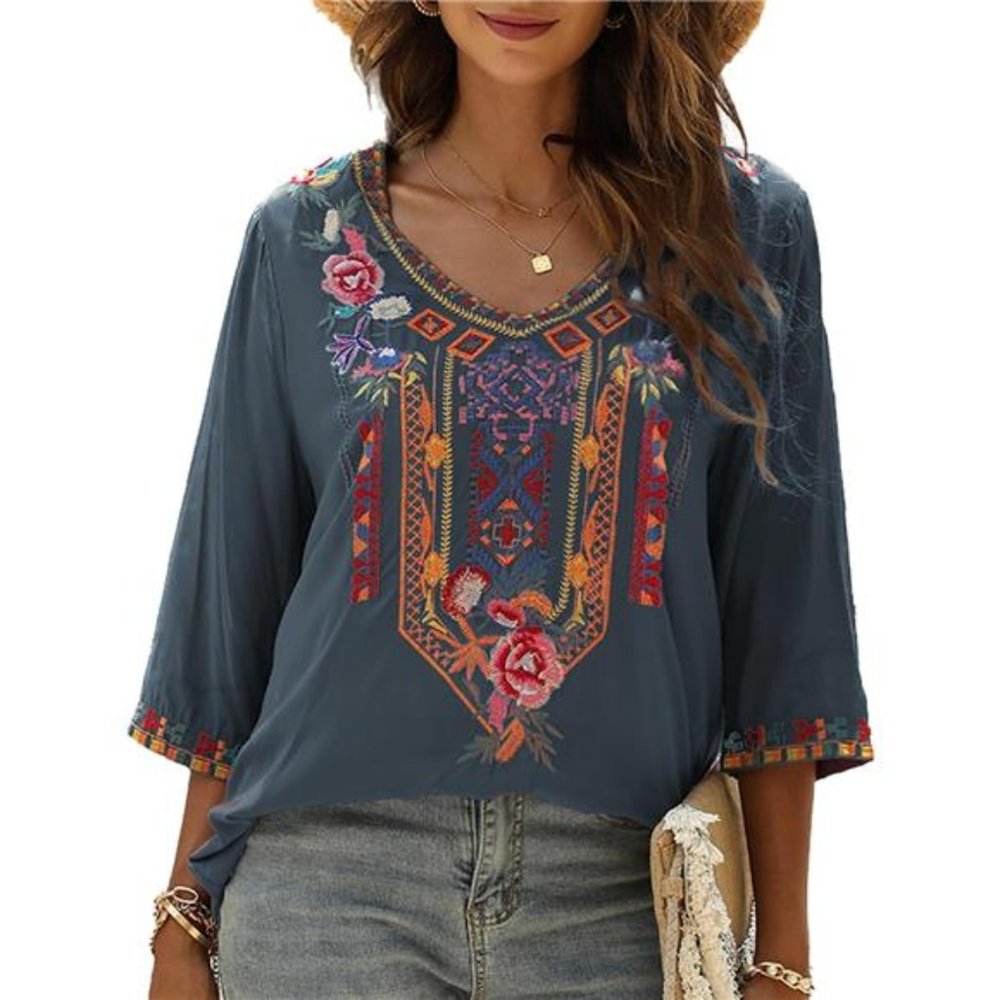 Boho Embroidered Tops Mexican Peasant Shirts Tunic Blouse